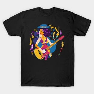 a music-inspired t-shirt design for a fictional band or artist.  a combination of musical elements, typography, and vibrant colors to convey the music’s energy T-Shirt